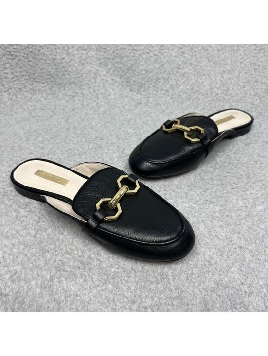 Louise et Cie Shoes - Louise Et Cie Finay Black Leather Horsebit Loafer Mules Gold Buckle Slip On 6/36